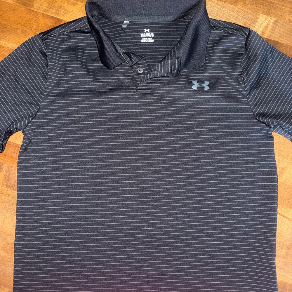 Under Armour Boys black Gray Pinstripe Polo and solid black polo